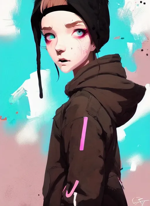 Image similar to highly detailed portrait of a urban punk lady student, blue eyes, hoodie, white hair by atey ghailan, by greg rutkowski, by greg tocchini, by james gilleard, by joe fenton, by kaethe butcher, gradient black, brown and pink color scheme, grunge aesthetic!!! ( ( graffiti tag wall background ) )