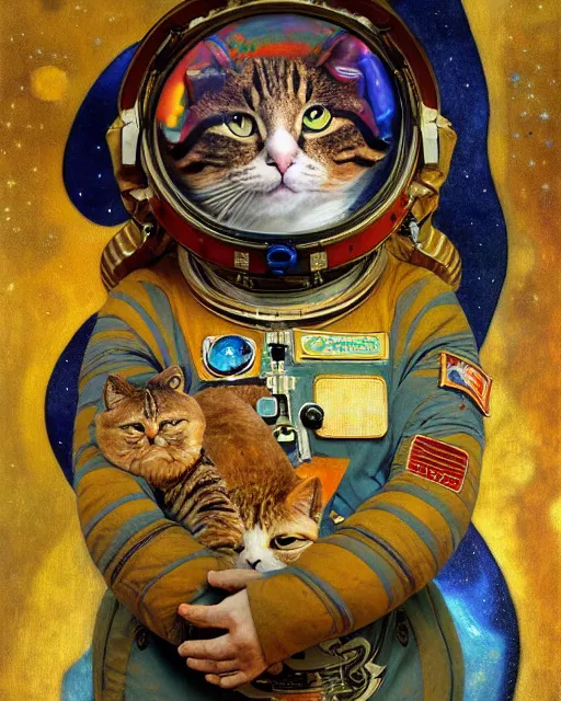 Image similar to cosmonaut cat portrait an oil painting splashes with many colors and shapes by gustav klimt greg rutkowski and alphonse mucha, polycount, generative art, psychedelic, fractalism, glitch art