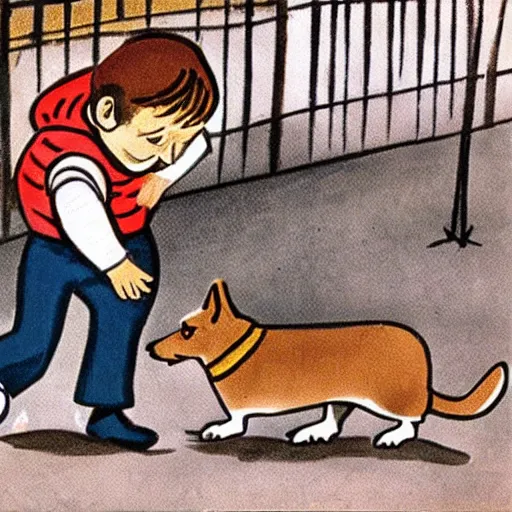 Image similar to book illustration of a french boy on the streets of paris playing football against a corgi, the dog is wearing a polka dot scarf, 1 9 6 6