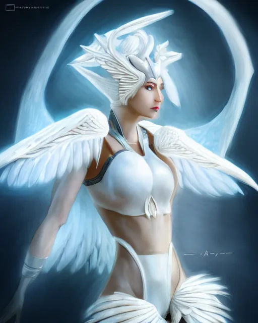 Image similar to perfect white haired attractive egyptian goddess with huge white dove wings, warframe armor, beautiful, symmetric, dreamy, half asian, pretty face, blue eyes, detailed, scifi platform, laboratory, experiment, 4 k, ultra realistic, epic lighting, android body, illuminated, cinematic, masterpiece, art by akihito tsukushi, voidstar