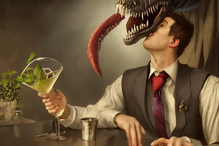 Image similar to portrait painting of a tyranosaurus rex wearing a tie and drinking a martini, ultra realistic, concept art, intricate details, serious, highly detailed, photorealistic, octane render, 8 k, unreal engine. art by artgerm and greg rutkowski and alphonse mucha