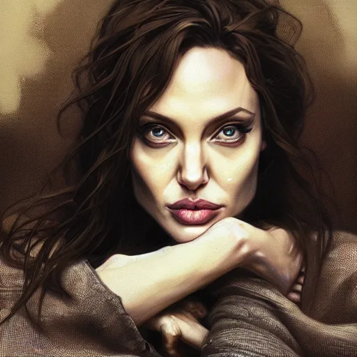 Prompt: portrait of angelina jolie by greg rutkowski, alphonse mucha and ayami kojima, refined, wearing a oversized jumper jumpsuit, scifi, highly detailed portrait, digital painting, artstation, concept art, smooth, sharp foccus ilustration, artstation hq