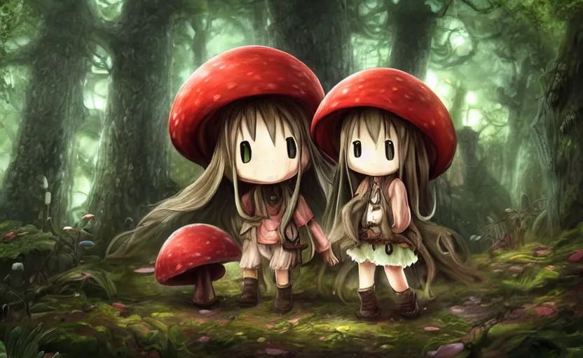 Image similar to cute little girl with an long hair wearing an mushroom hat in the dark forest next to a sinister monster, cute artwork, clean detailed art, inspired made in abyss, detailed background, fantastic world, spectacular quality