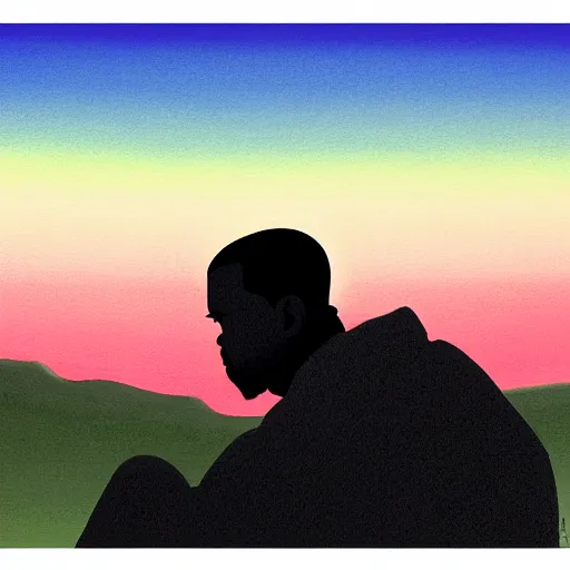 Prompt: A painting of a silhouette of Kanye West sitting on a hill by the sunset by Shinji Arakami, dreamy, pink skies, cloudy, melancholic, anime, cool, Ghibli-style, disney-style, extremely detailed