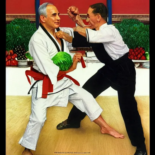 Prompt: benjamin netanyahu karate chopping a cabbage while wearing karate uniform, by norman rockwell, highly detailed