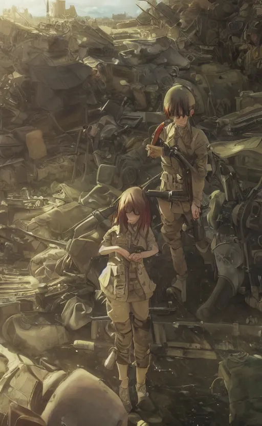 Image similar to anime style, modern warfare, panoramic view of 1 girl under artillery fire, trench and sandbags in background, soldier clothing, long hair, hair down, symmetrical facial features, from arknights, wallpaper, trending pixiv, safebooru, volumetric lighting, by alphonse mucha, greg rutkowski, sharp focus, backlit