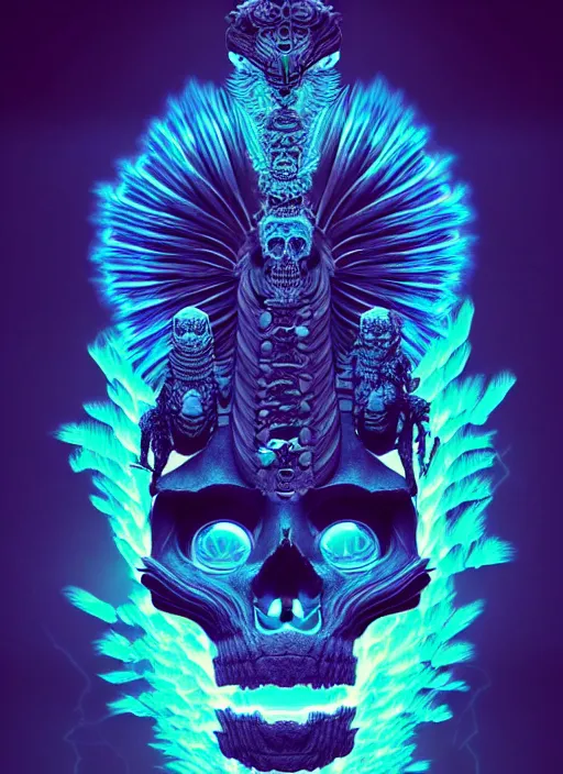 Prompt: 3 d totem portrait, sigma 5 0 0 mm f / 5. beautiful intricate highly detailed quetzalcoatl skull and feathers. bioluminescent, plasma, lava, ice, water, wind, creature, thunderstorm! artwork by tooth wu and wlop and beeple and greg rutkowski, 8 k trending on artstation,