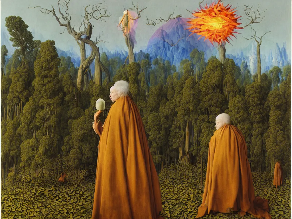 Image similar to albino mystic, with his back turned, with exotic beautiful chrysanthemum looking at a giant Sequoia forest burning with fire in the distance. Painting by Jan van Eyck, Audubon, Rene Magritte, Agnes Pelton, Max Ernst, Walton Ford