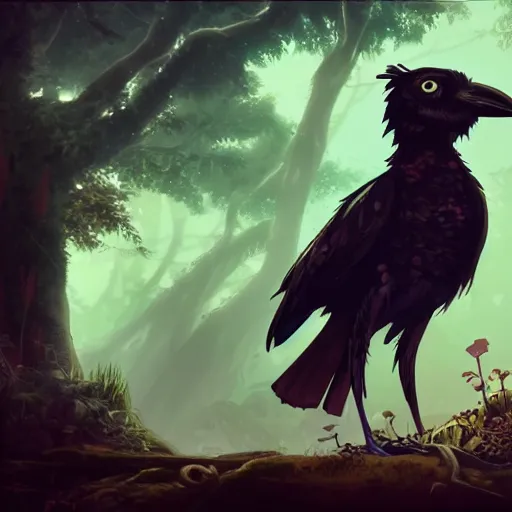 Image similar to concept art painting of an anthropomorphic steampunk crow, in the deep forest, realistic, detailed, cel shaded, in the style of makoto shinkai and greg rutkowski and james gurney