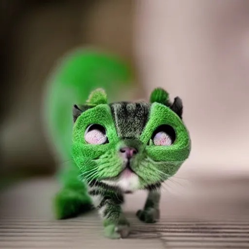 Image similar to photo of a cute green creature with a cat face and a caterpillar body