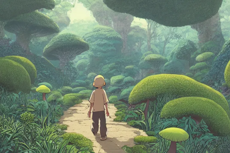 Prompt: down view of a young adventurer boy with a hat on a large open path entering a vast fantasy jungle with a distant clearing, giant mushrooms, large white paradise birds flying, exotic vegetation, large rocks with thick moss, large jungle flowers, huge suspended wooden bridge, very graphic illustration by moebius and victo ngai, ghibli spirited away style, dynamic lighting, early morning mood