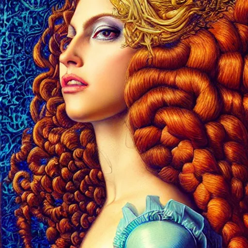 Image similar to photo realistic, hyper realism, lady gaga artpop act ii album, intricate detail, hyper detail, gaston bussiere, sandro botticelli style, with neon aqua rapunzel dreadlocks, detailed, masterpiece, sharp focus,