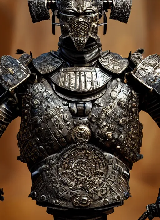 Image similar to hyper realistic glorious ancient samurai in a obsidian metal armor, futuristic design, designed by makoto kobayashi and luca zampriolo, portrait, cyberpunk style, wood and gold details, intricate, extremely detailed, ornate, deep of field, hard surface, exoskeleton, substance designer metal unreal engine. amazing likeness. very detailed.