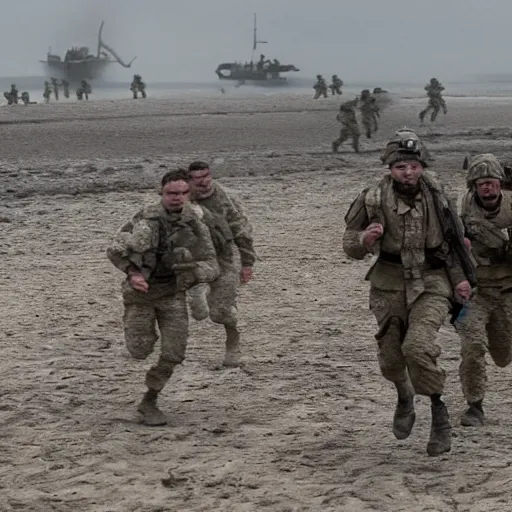 Image similar to soldiers running at the camera during normandy beach landing with fiery explosions and debris in the style of the movie lone survivor, gritty, 4 k, cinematic lighting,