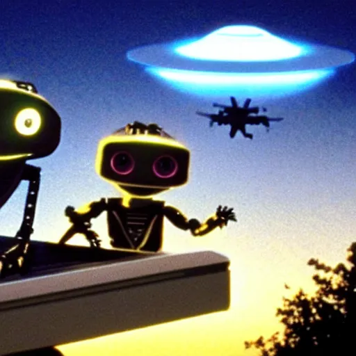 Image similar to johnny 5 and et flying a ufo together, cinematic, movie still