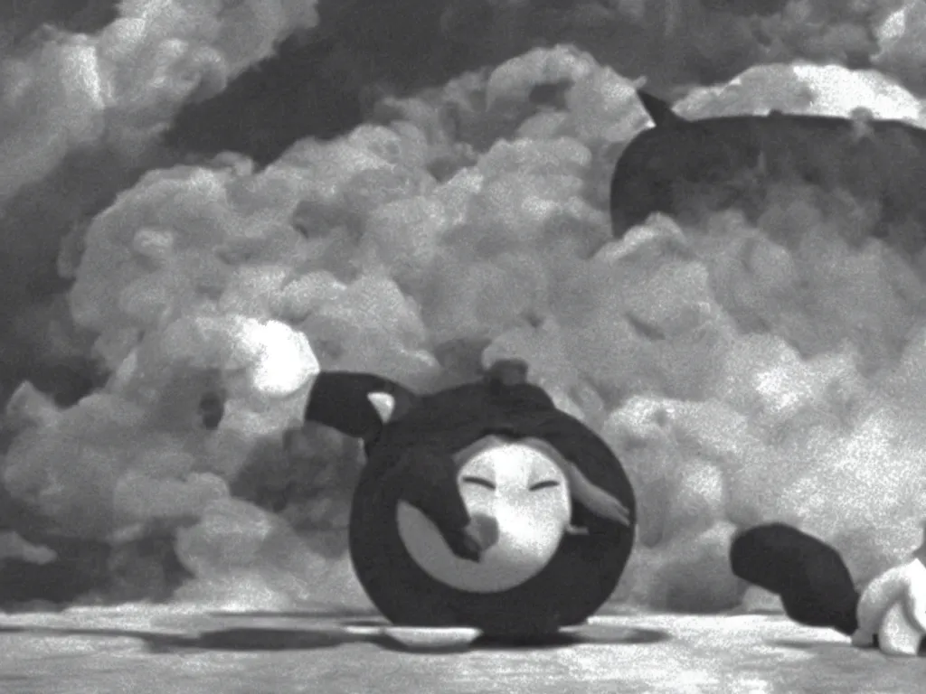 Prompt: Snorlax as the Hindenburg crashing, still from 1937 film reel