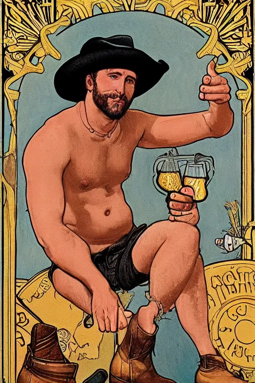 Prompt: a beautiful tarot! card of a handsome shirtless cowboy wearing cowboy hat and boots with a chunky build, hairy chest, and beer belly next to a campfire | golden hour, black background | homoerotic! | art deco!, art nouveau | by Walter Crane, by Mark Maggiori | highly detailed, trending on artstation