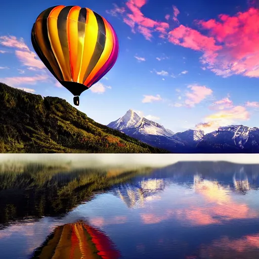 Image similar to photo of two black swans touching heads in a beautiful reflective mountain lake, a colorful hot air balloon is flying above reflecting off water, hot air balloon, intricate, 8k highly professionally detailed, centered, HDR, CGsociety