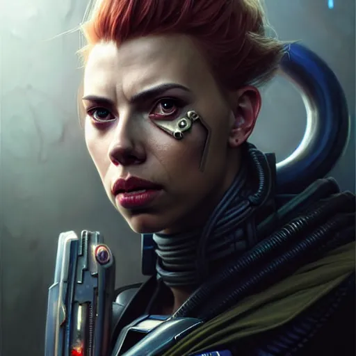 Image similar to portrait painting of a cyberpunk orc doctor extremely muscular ugly scarlett johansson with misshapen teeth, ultra realistic, concept art, intricate details, eerie, highly detailed, photorealistic, octane render, 8 k, unreal engine. art by artgerm and greg rutkowski and charlie bowater and magali villeneuve and alphonse mucha