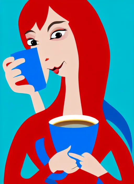 Image similar to female anthropomorphic blue shark with red hair holding a cup of coffee, digital art