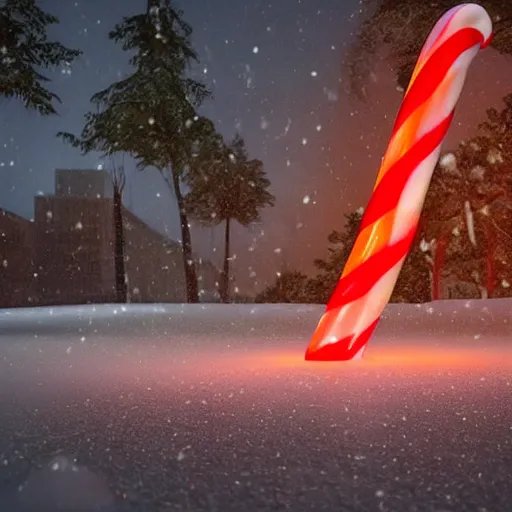 Image similar to a large colorful candy cane is sticking out the ground on the side of a serene foot path. there are some snow drifts laying against the candy. there are snow flurries in the air. epic, awe inspiring, dramatic lighting, cinematic, extremely high detail, photorealistic, cinematic lighting, trending on artstation cgsociety rendered in unreal engine, 4 k, hq,