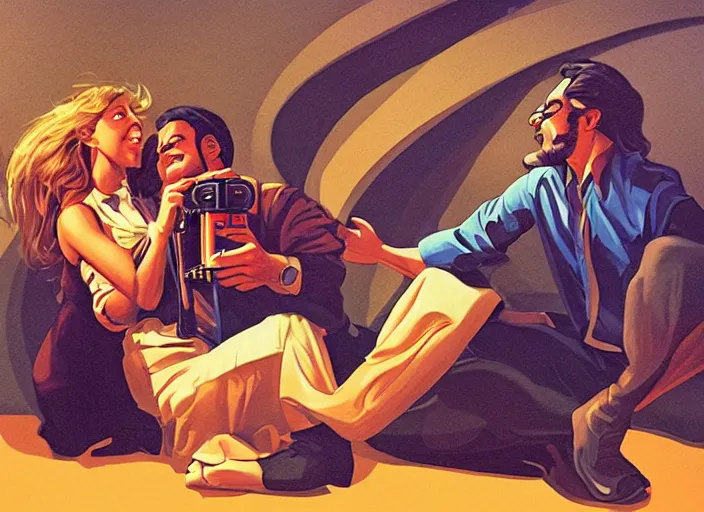 Prompt: a man and a woman are scared and hug each other, they are crouching, a motion control with a cinema camera shoots this couple, illustration by Greg Hildebrandt, retrofuturism, reimagined by industrial light and magic