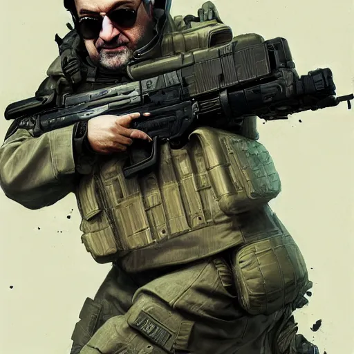 Image similar to salman rushdie as a futuristic tactical operator by maciej kuciara