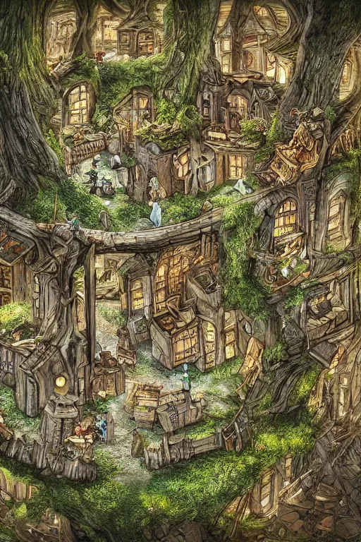 Prompt: a miniature city built into the trunk of a single colossal tree in the forest, with tiny people, in the style of anton pieck, lit windows, close - up, low angle, wide angle, awe - inspiring, highly detailed digital art