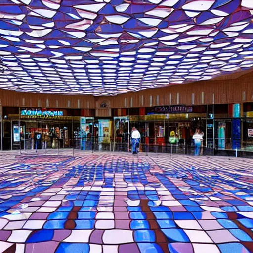 Image similar to a photograph of a shopping mall designed by Victor Vasarely