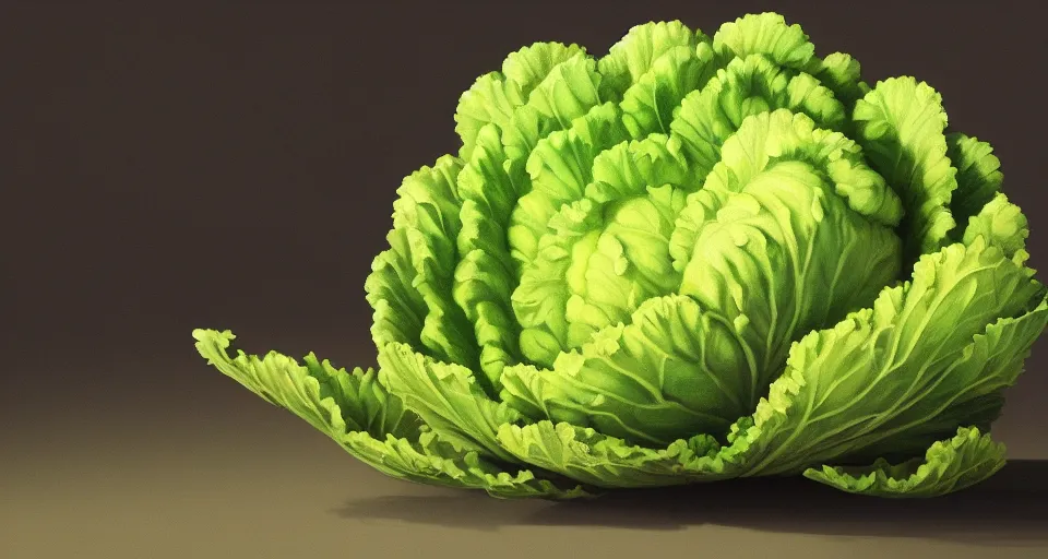 Image similar to a beautiful painting of a cabbage by studio ghibli, gigantic, octane render, brilliantly coloured, intricate, ultra wide angle, trending on artstation, dusk, volumetric lighting, polished, micro details, ray tracing, 8k