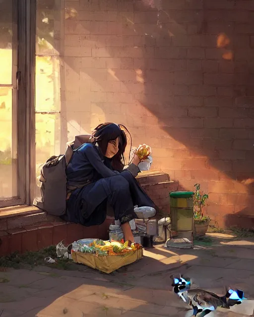 Prompt: a homeless woman eating lunch with a wild cat, perfect shading, atmospheric lighting, by makoto shinkai, stanley artgerm lau, wlop, rossdraws