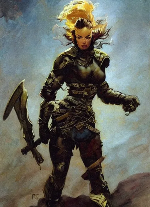 Image similar to portrait of strong female ranger, beautiful! coherent! by frank frazetta, by brom, strong line, deep color, leather armor, short buzzed hair, high contrast