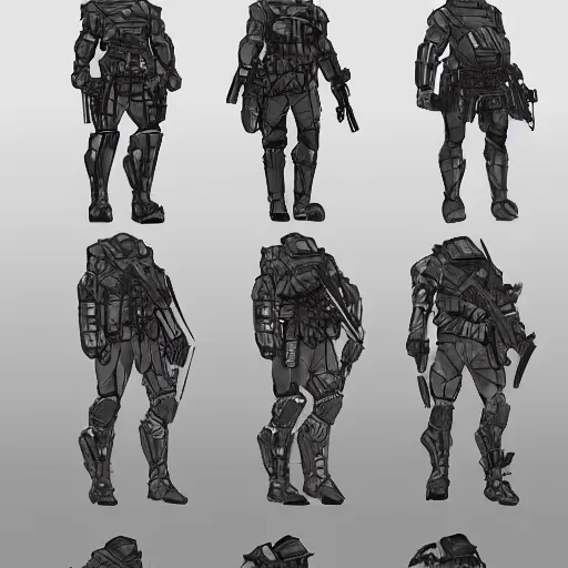 Prompt: sketches concept art standard assassin soldier tactical massive nano cyber chest armor plating millitary modern future era variants digital high detail