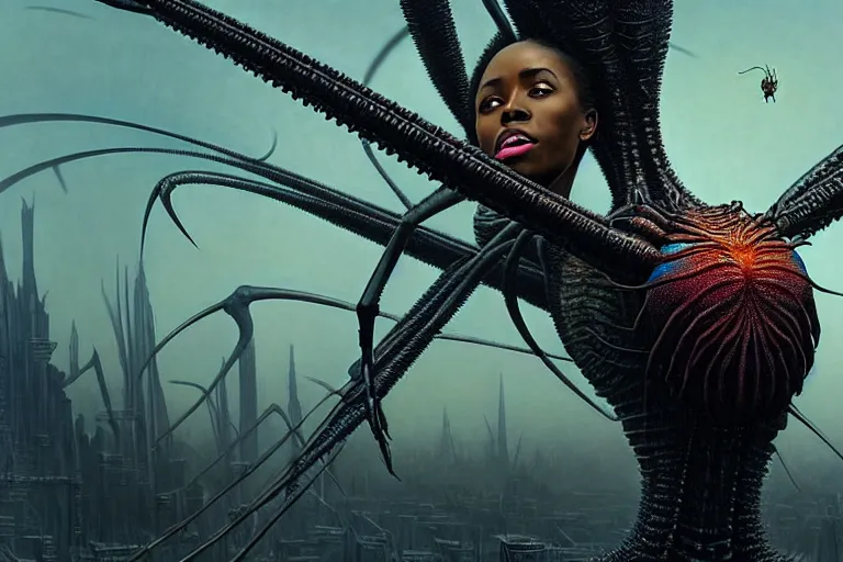 Image similar to realistic detailed closeup portrait movie shot of a beautiful black woman riding a giant spider, dystopian city landscape background by denis villeneuve, amano, yves tanguy, alphonse mucha, max ernst, ernst haeckel, edward robert hughes, roger dean, cyber necklace, rich moody colours, sci fi patterns, wide angle