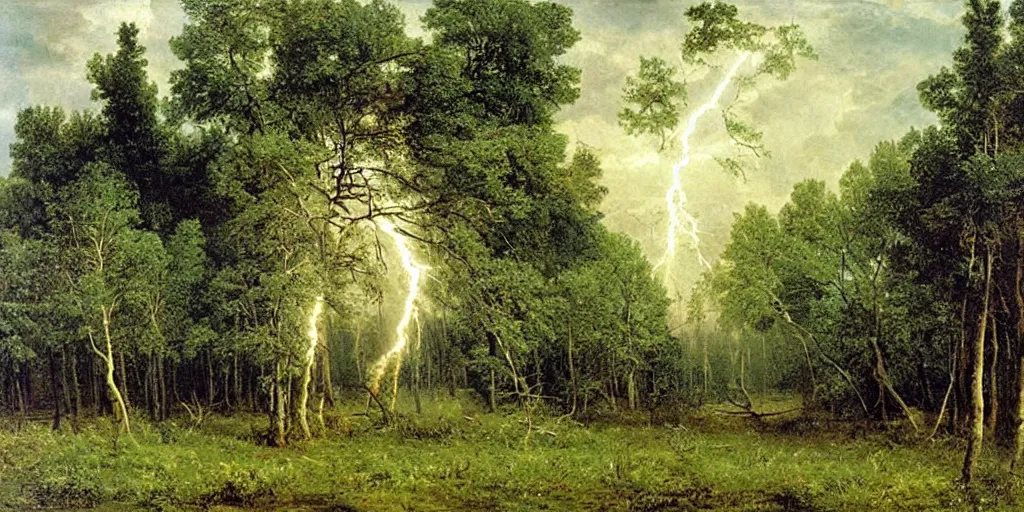 Prompt: lightning strikes a tree in the middle of a field, painting By Ivan Shishkin,