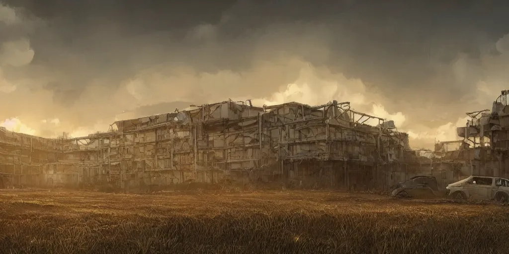 Prompt: hampton inn hotel exterior in the middle of a desolate field by jorge jacinto, death stranding art style, intricate, high detail, digital painting, ultra realistic, cinematic lighting, wide angle cinematography, artstation, 3 5 mm film grain
