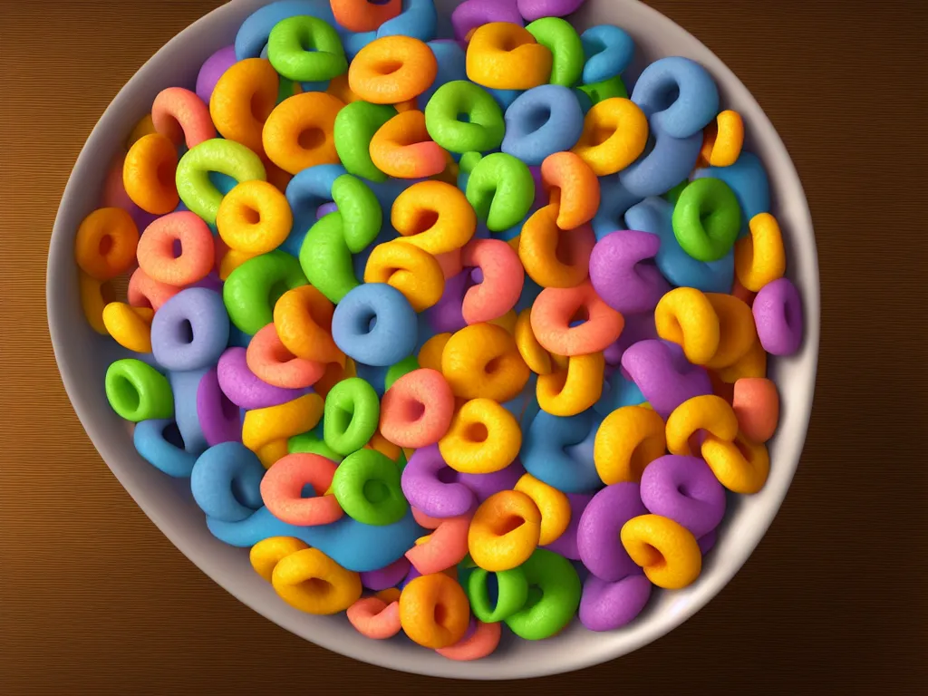 Image similar to bowl of fruit loops in milk, high realism, high detail, stylized, pixar, octane render