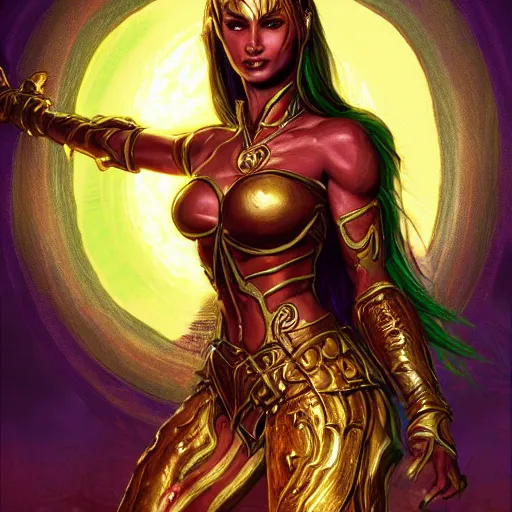 Prompt: bright, colorful, realistic, detailed from Elder Scrolls: shivering isles concept art golden saint a warrior woman with skin and hair made of bright and shiny gold backlighting, kodachrome, high contrast, highly detailed, sharp focus, digital painting, concept art, illustration, trending on artstation, comic book by Alex Ross and Adam Adamowicz cover art