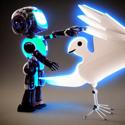 Prompt: A robot bird sitting on hand of hi-tech cyborg child , 3d render, unreal engine