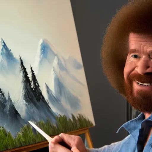 Image similar to a closeup photorealistic photograph of bob ross working on a canvas painting of spiderman. film still. brightly lit scene. mountains and trees. this 4 k hd image is trending on artstation, featured on behance, well - rendered, extra crisp, features intricate detail, epic composition and the style of unreal engine.