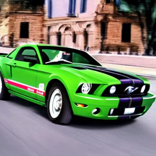 Image similar to luigi from super mario brothers driving a ford mustang, cartoon