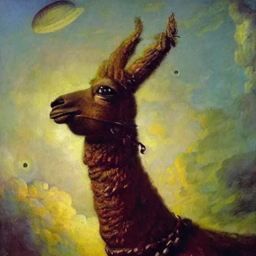 Image similar to detailed space portrait of a llama with dreadlocks, realistic creature concept, heroic pose, glowing starts in background, Ilya Repin oil painting