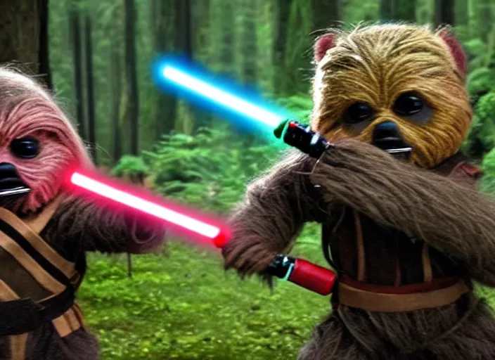 Prompt: Ewoks fighting with lightsabers, ultra realistic, cinematic
