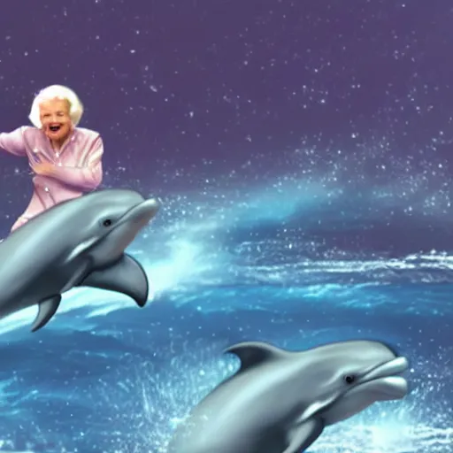 Image similar to betty white riding a dolphin through space, cinematic vfx