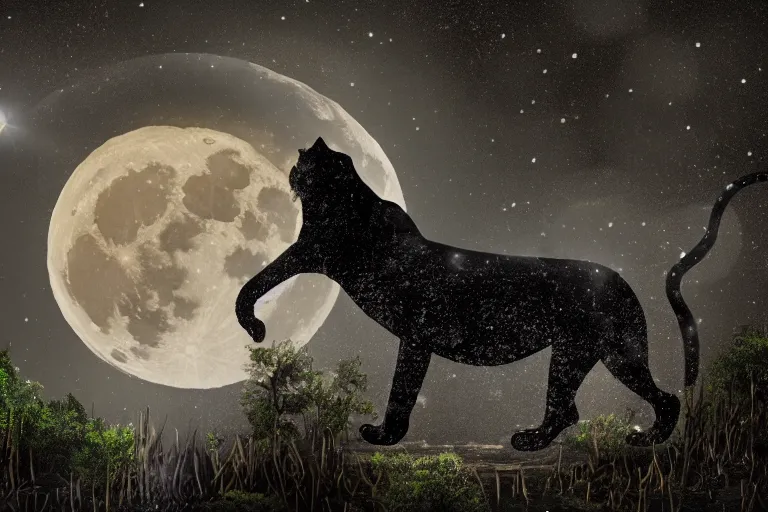 Image similar to a panther roaring in a forest during the night, large moon in the center. high quality. illustration. 4 k. cinematic. photoreal. highly detailed. dramatic. darkness. moon.