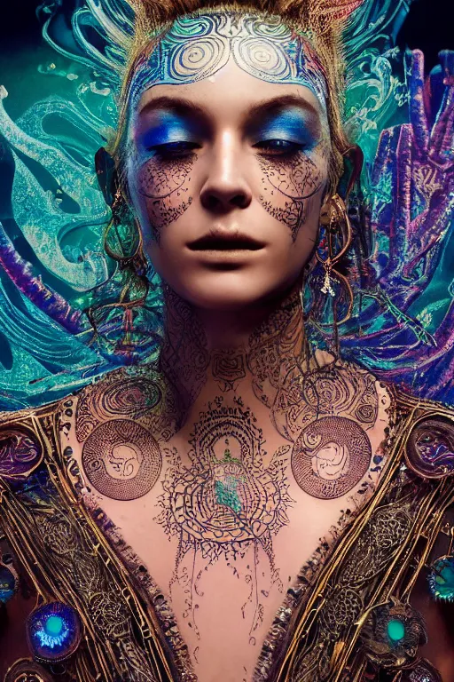 Image similar to a centered render of an mytical festival hippy with tribal tattoos wearing intricate metallic clothing surrounded by a underwater ink pour and flowing liquid gallium and sacred geometry, perfect body and face, gorgeous, cinematic, beautifully lit, by alberto seveso, by karol bak, by donato giancola, 3 d, trending on artstation, octane render, 8 k