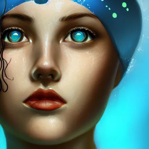 Image similar to beautiful woman in a swimming pool, artstation, highly detailed face, pretty, gorgeous, cute, blue bikini, warm lighting