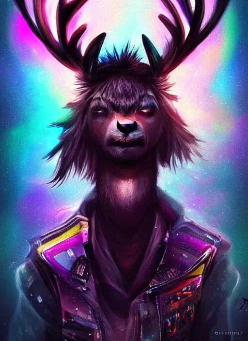 Image similar to award winning beautiful portrait commission of a male furry anthro Black Reindeer cyberpunk fursona with a tail, wings, wings, wings and a cute beautiful attractive detailed furry face wearing a crown, stylish black and rainbow galaxy clothes, outline, in a cyberpunk city at night while it rains. Character design by charlie bowater, ross tran, artgerm, and makoto shinkai, detailed, inked, western comic book art