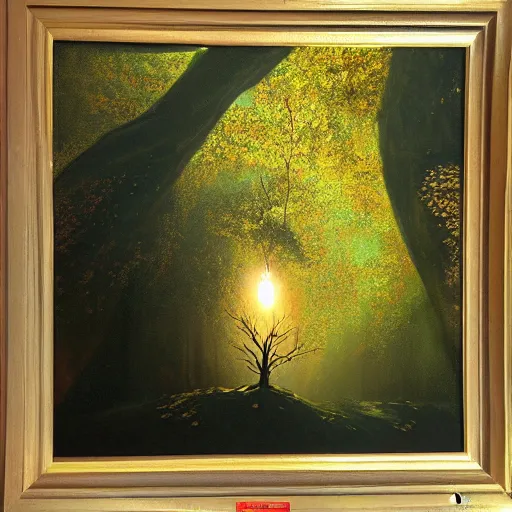 Image similar to tree with golden glowing leaves that grows upside down from the ceiling of an underground cave, oil painting, by greg rutkowski