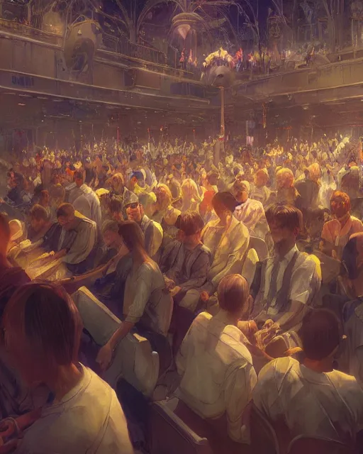 Prompt: craig mullins and ghibli digital illustration of a crowd in a futuristic church, priest, pews, ethereal, inviting, bright, unreal engine, hyper realism, realistic shading, cinematic composition, realistic render, octane render, detailed textures, photorealistic, wide shot